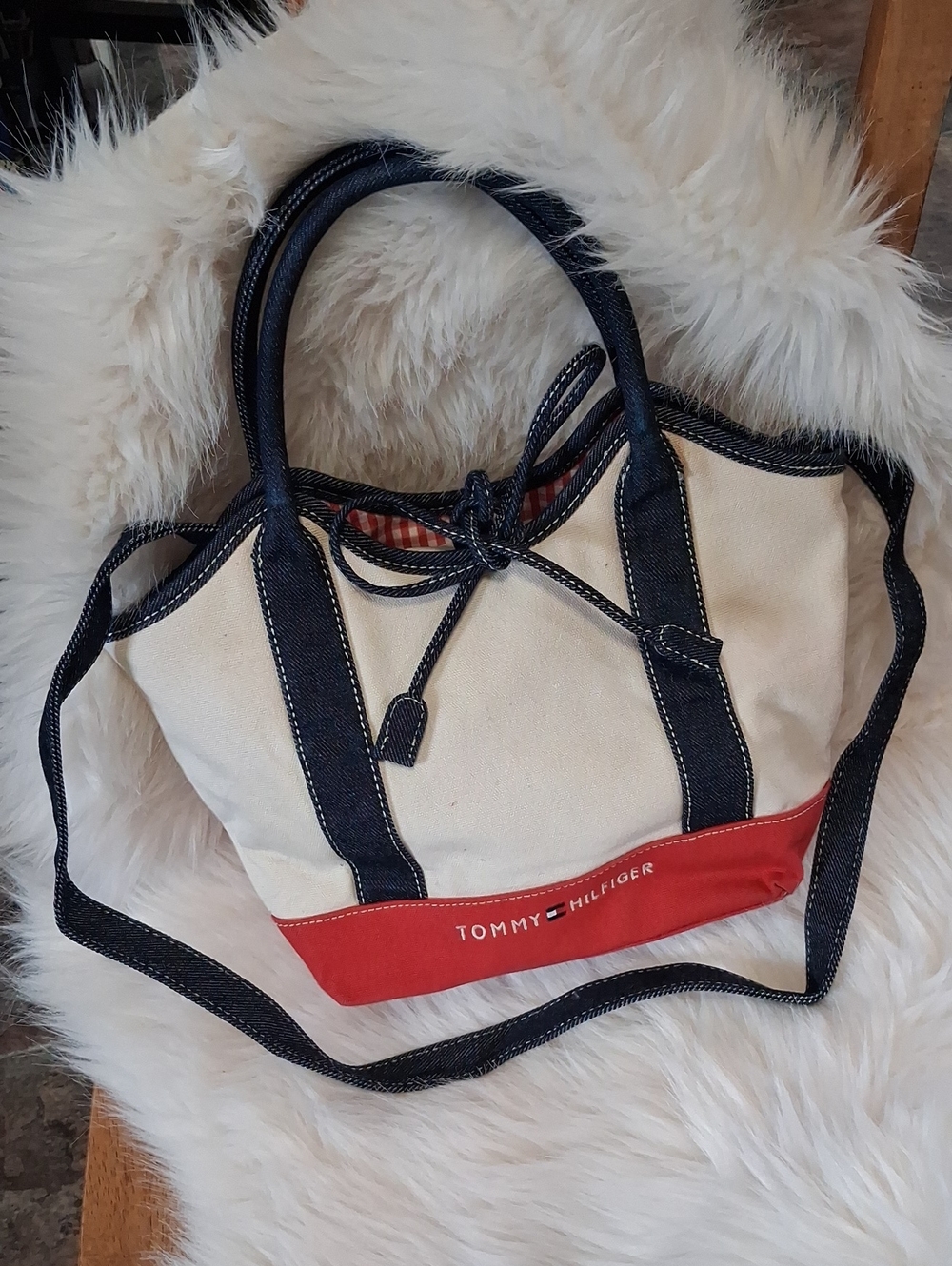 Tommy Hilfiger Cream Canvas Tote with Red Base and Navy Trim